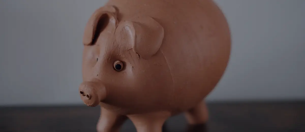A terracotta piggy bank on a dark wooden table.