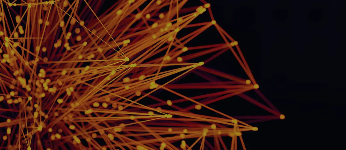 Orange lines and dots forming an abstract network on a dark background.