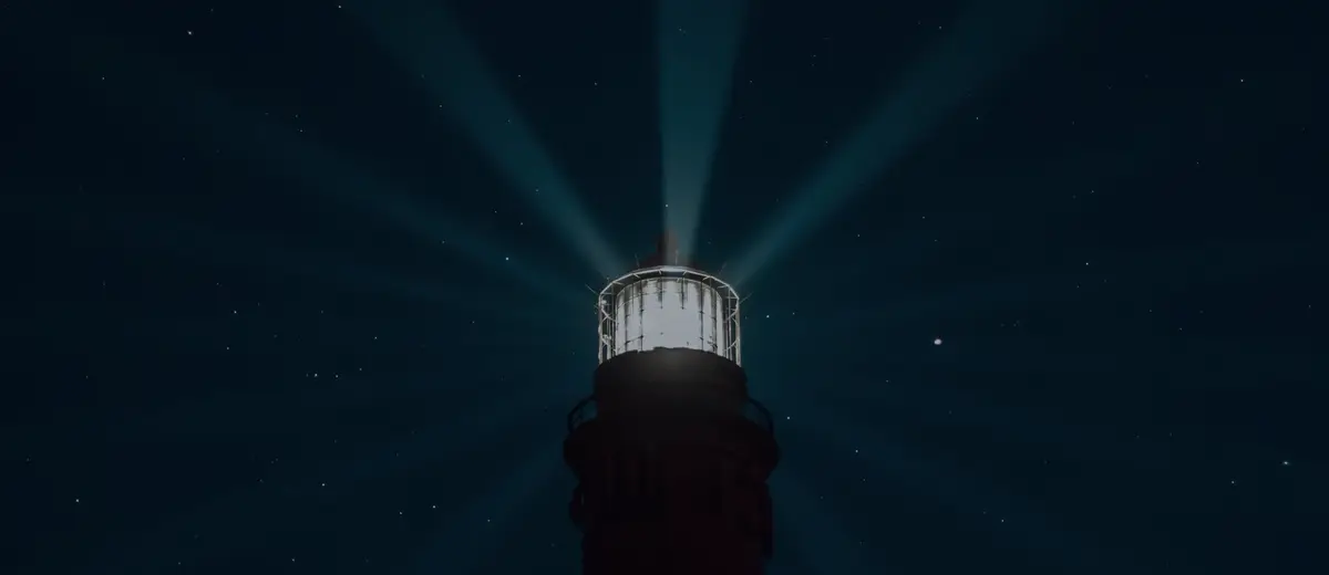 A lighthouse sweeping its beams across a starry night sky.