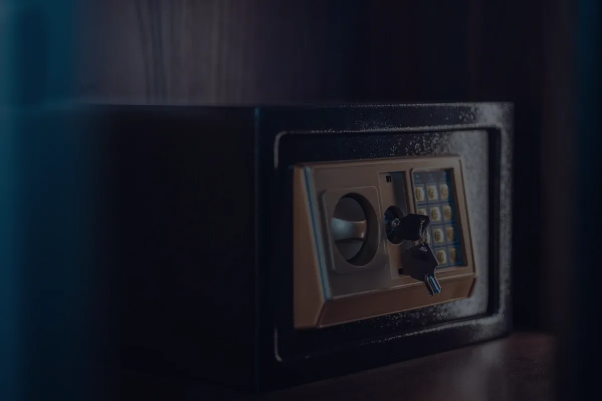 A lit safe in a dark room, representing where to keep an emergency fund.