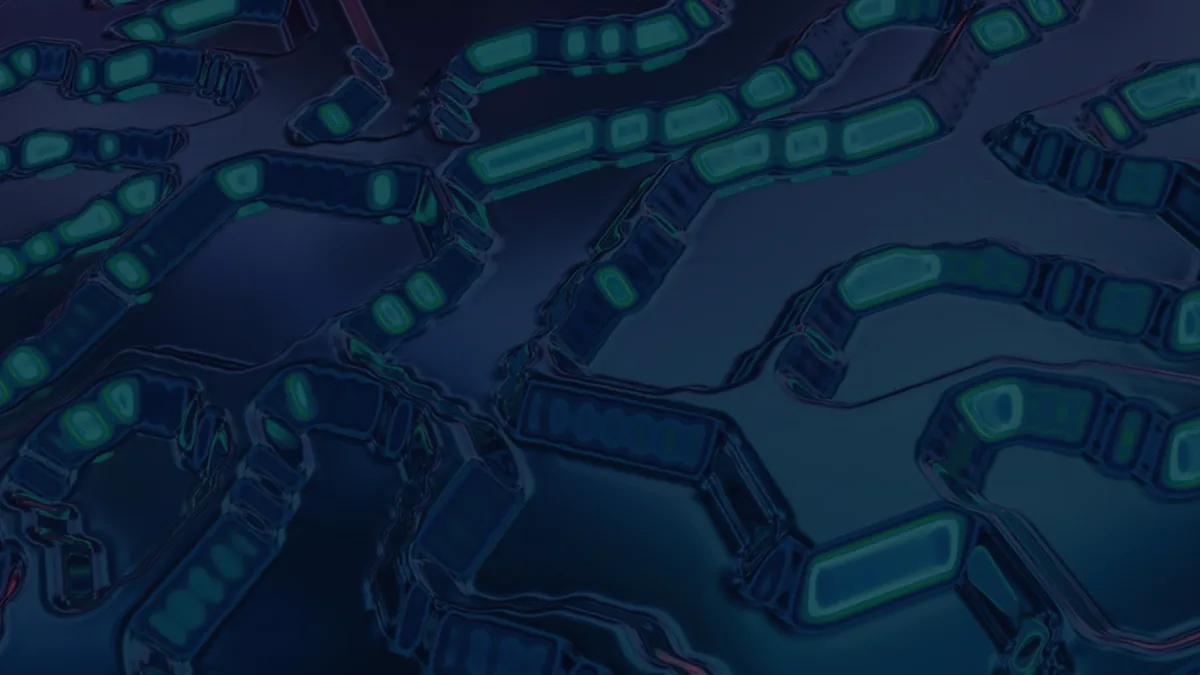 Abstract dark blue circuit-grid of glowing data nodes, representing index funds and ETFs tracking the market.