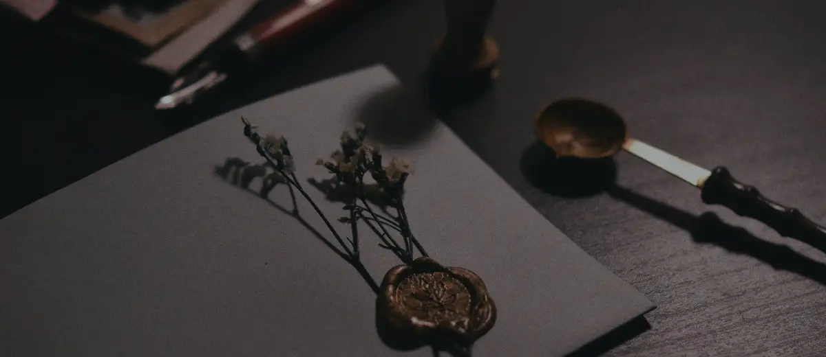 A dark envelope sealed with gold wax on a wooden desk.