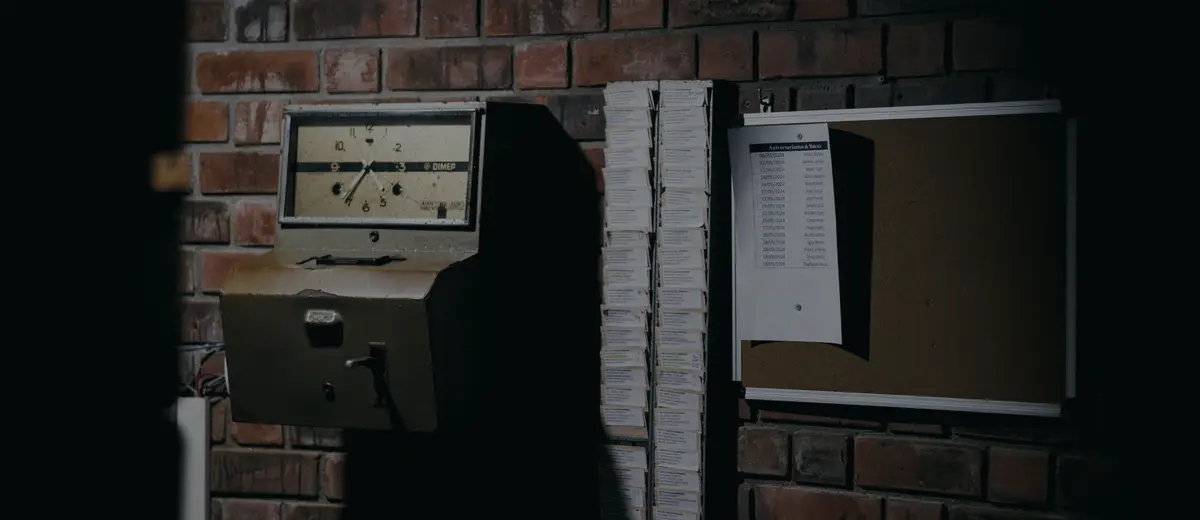 A time clock and a rack of punch cards on a brick wall.