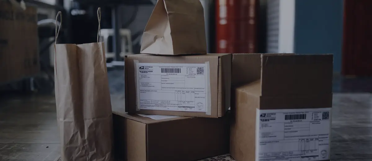 Cardboard boxes and paper shopping bags on a patterned rug.