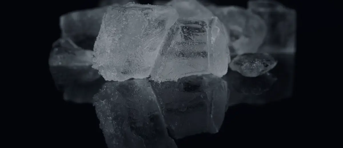Ice cubes melting on a dark reflective surface.