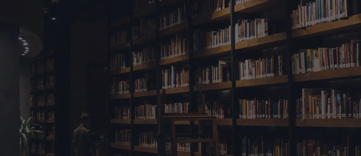 Rows of wooden bookshelves in a dim library, with a lone figure standing among the stacks.